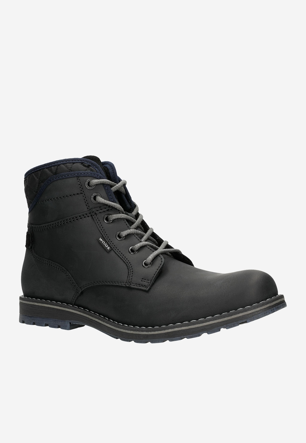 Czarne workery męskie Wojas 24031-71 z granatowymi akcentami na kołnierzu, szarymi sznurówkami i wzmocnioną podeszwą, idealne na zimowe warunki.