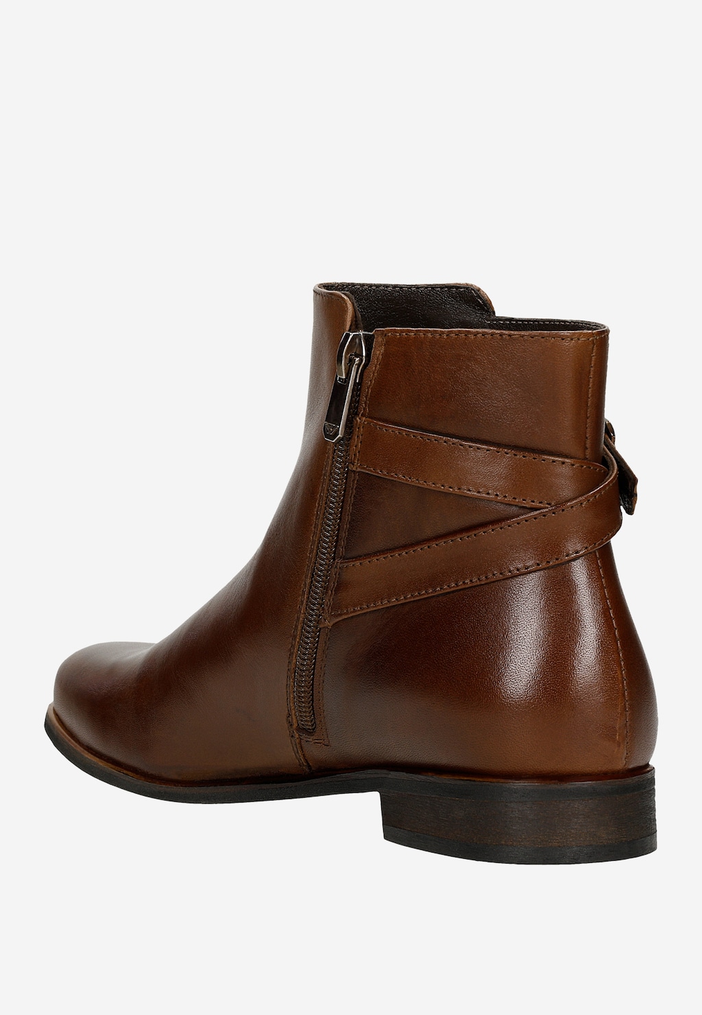 Brązowe botki damskie Wojas model 55066-50 z boku, wykonane ze skóry, z ozdobnymi paskami, zamkiem błyskawicznym i niskim obcasem, idealne na jesień.