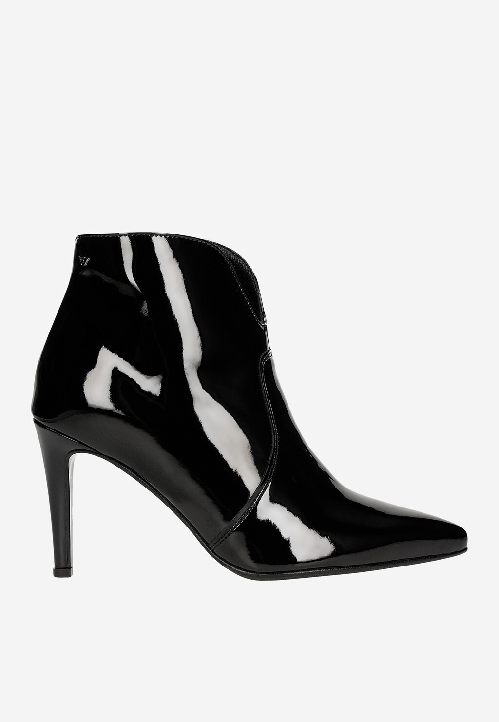 Eleganckie czarne botki Wojas model 55096-31 z lakierowanej skóry, na smukłej szpilce, z charakterystycznym spiczastym noskiem, idealne do eleganckich stylizacji.