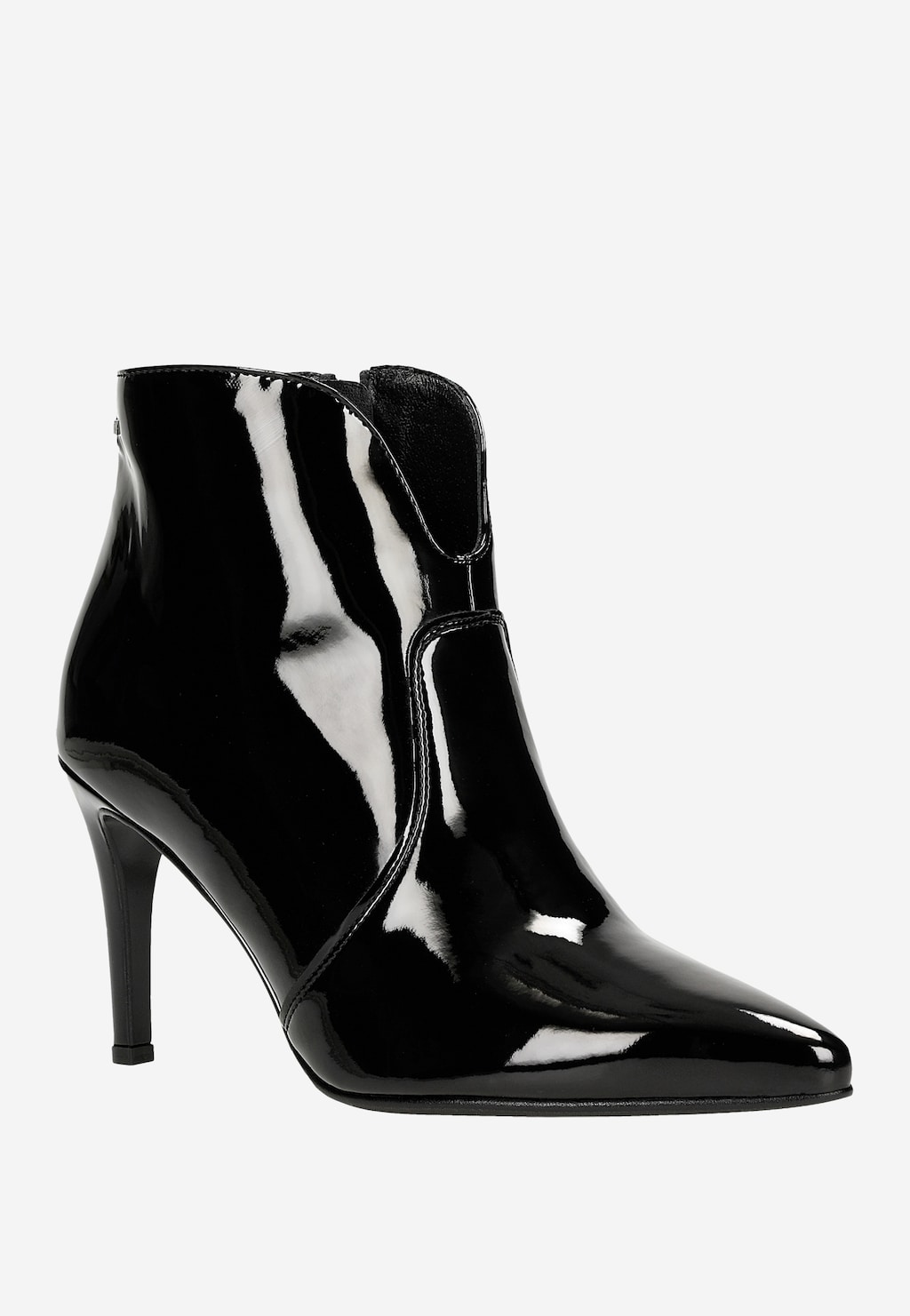 Eleganckie czarne lakierowane botki damskie Wojas model 55096-31 na wysokiej szpilce z ostrym noskiem, wykonane z lśniącego materiału, idealne na wieczorne wyjścia.