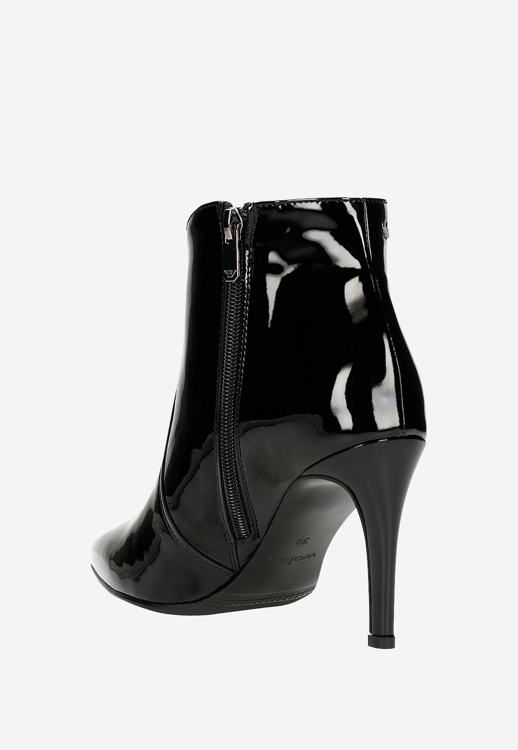 Eleganckie czarne lakierowane botki Wojas model 55096-31 z bocznym zamkiem błyskawicznym, na wysokiej szpilce, widok z tyłu ukazujący błyszczącą powierzchnię.