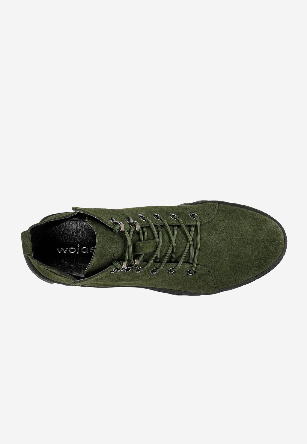 Zielone zamszowe trzewiki damskie Wojas model 64073-67 z widokiem z góry, ukazujące sznurowanie i czarną podeszwę. Widoczne logo marki wewnątrz buta.
