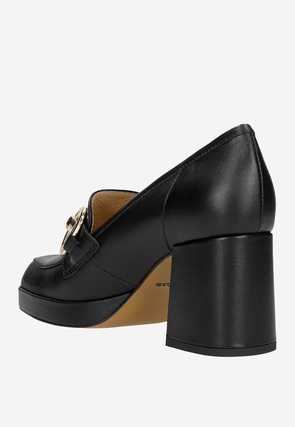 Czarne skórzane mokasyny damskie Wojas 46218-51 ze złotą ozdobą, widok z tyłu ukazujący elegancki słupek i platformę, wykończone beżową podszewką.