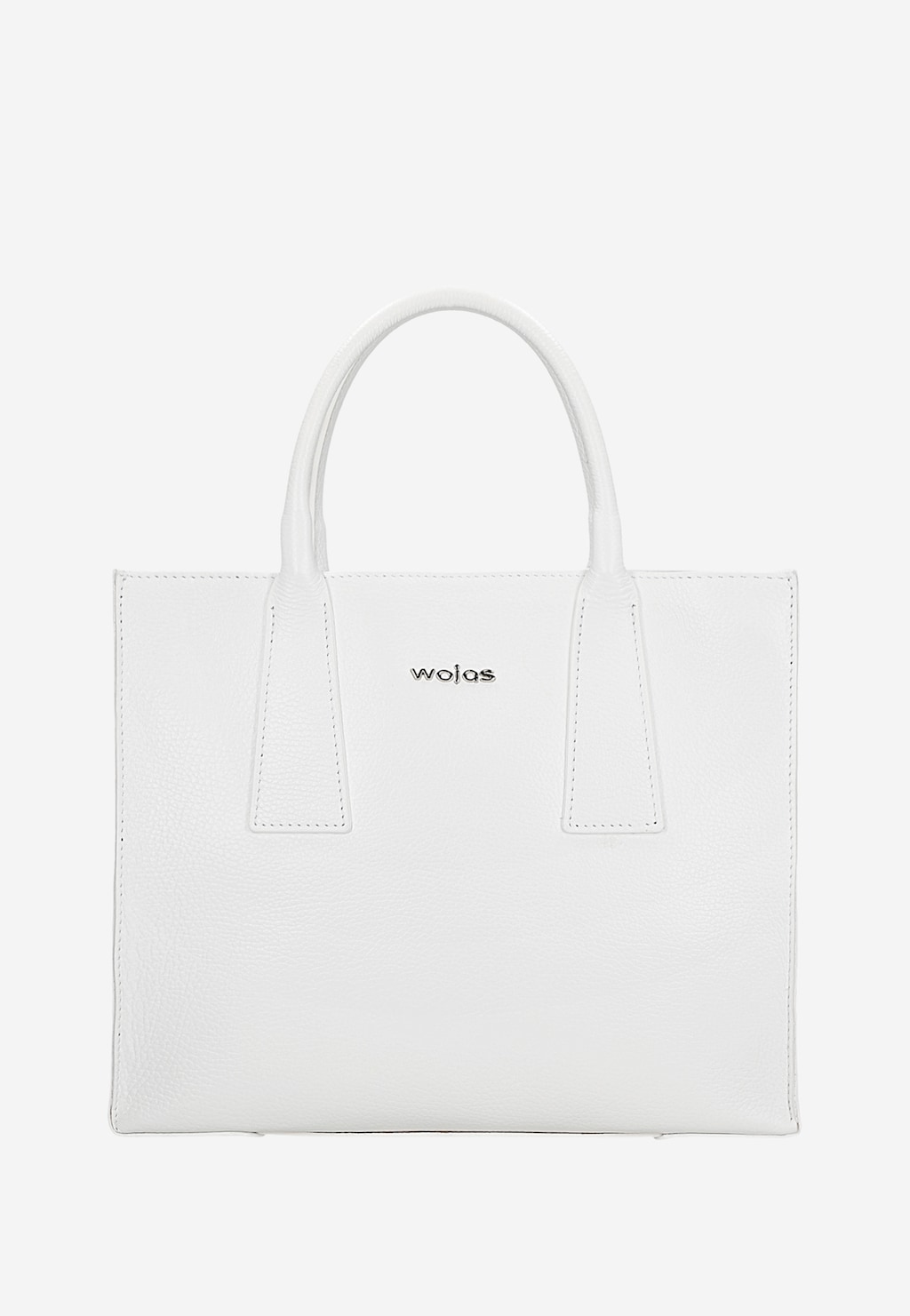 Mały skórzany kuferek damski Wojas model 80384-59 w białym kolorze, z eleganckimi uchwytami i logo marki na froncie, widok z góry.