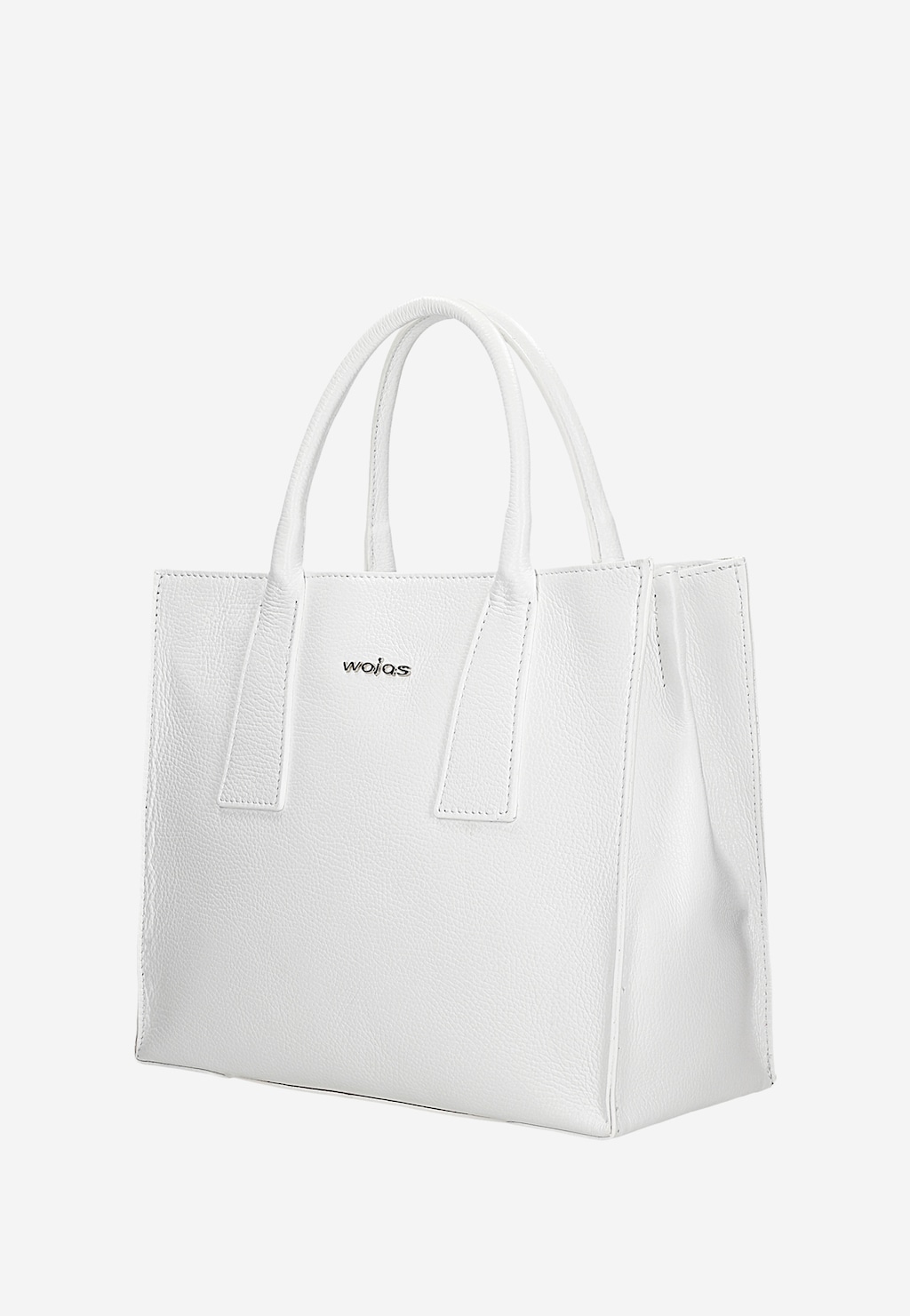 Elegancki mały skórzany kuferek Wojas model 80384-59 w kolorze białym z podwójnymi uchwytami i charakterystycznym logo marki na froncie torebki.