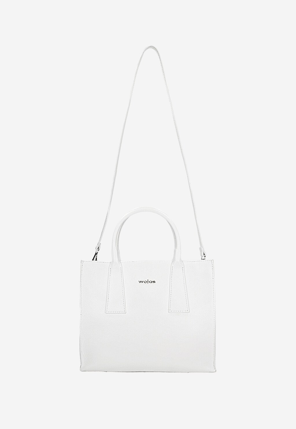 Mały skórzany kuferek damski Wojas 80384-59 w kolorze białym z podwójnym uchwytem i długim paskiem na ramię, widoczne logo marki na przodzie.