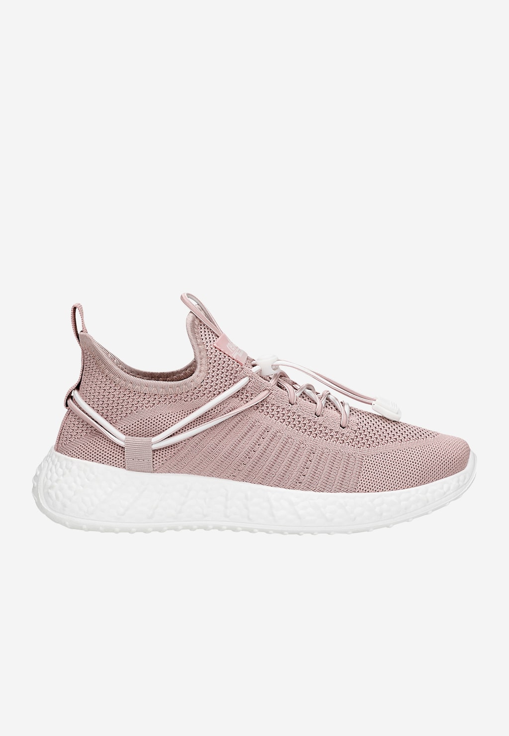 Różowe materiałowe sneakersy RELAKS model R46166-85 z dzianinową cholewką, białymi sznurówkami i lekką, białą podeszwą, widok z boku.