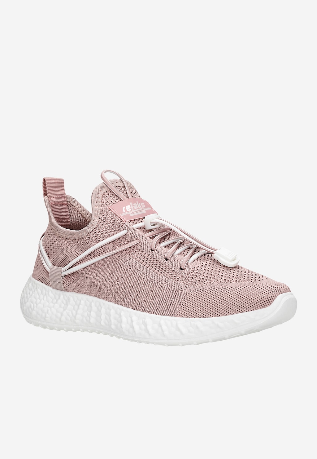 Różowe sneakersy RELAKS model R46166-85 z materiałowym, przewiewnym wierzchem na lekkiej, teksturowanej białej podeszwie, z charakterystycznym językiem i systemem sznurowania.