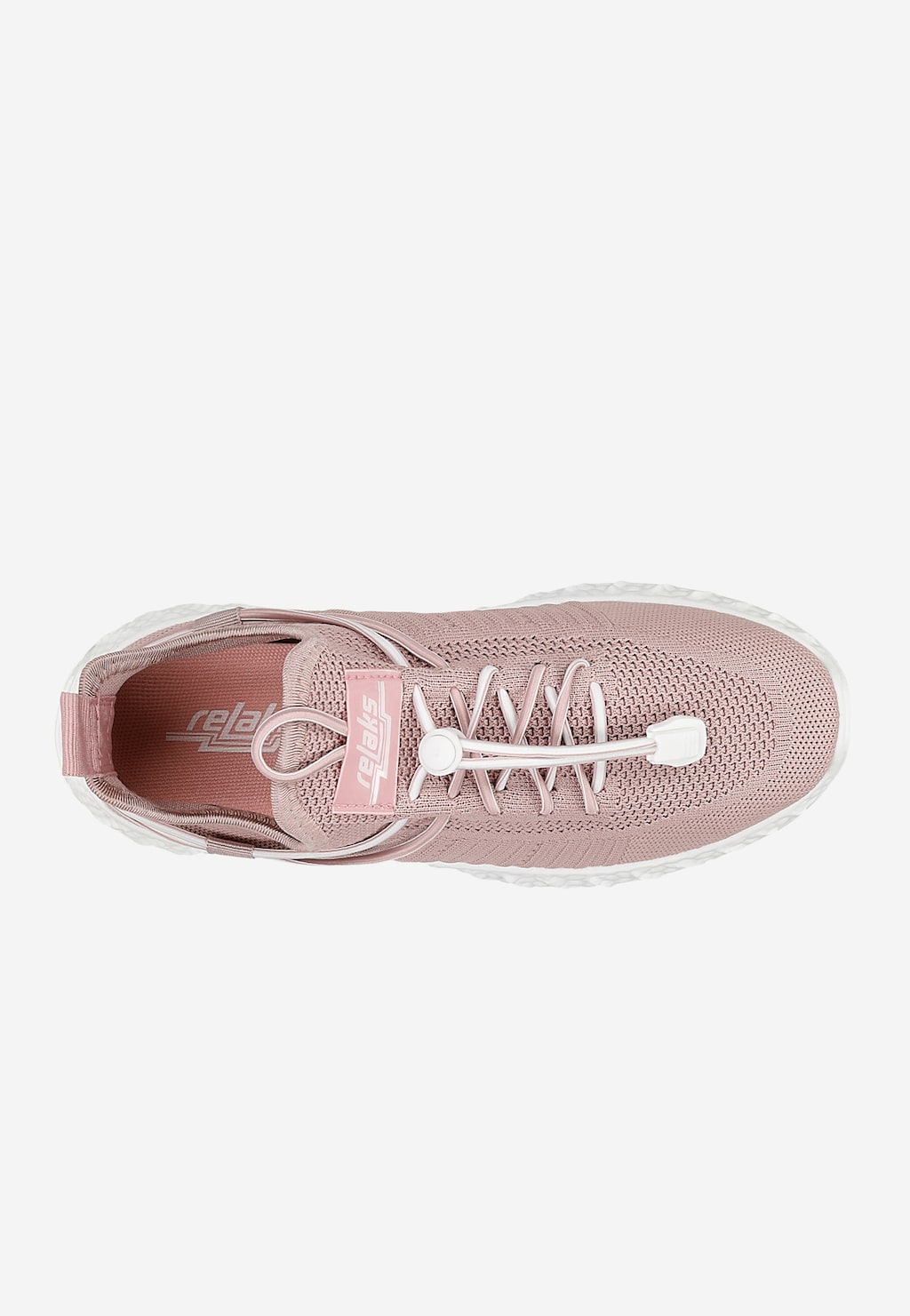 Różowe materiałowe sneakersy RELAKS model R46166-85 z widokiem z góry, prezentujące oddychającą siatkową cholewkę, białe sznurówki i lekką białą podeszwę.