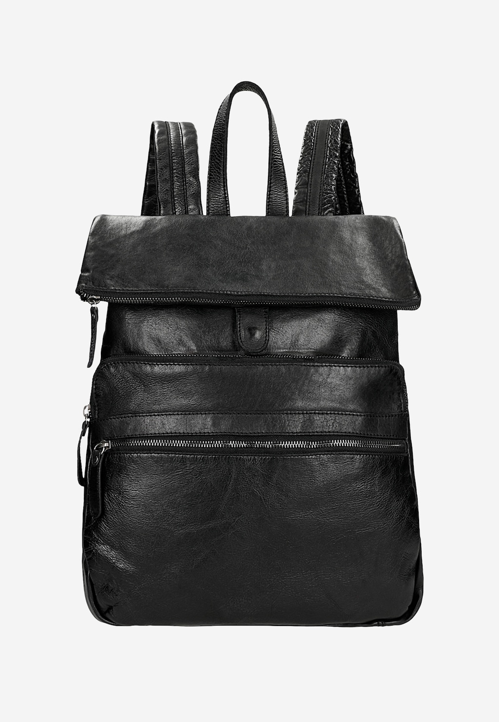 Czarny, duży plecak Wojas 80080-51 ze skóry licowej. Widoczna składana góra z zamkiem, przednia kieszeń i eleganckie szelki. Stylowy dodatek do codziennych stylizacji.