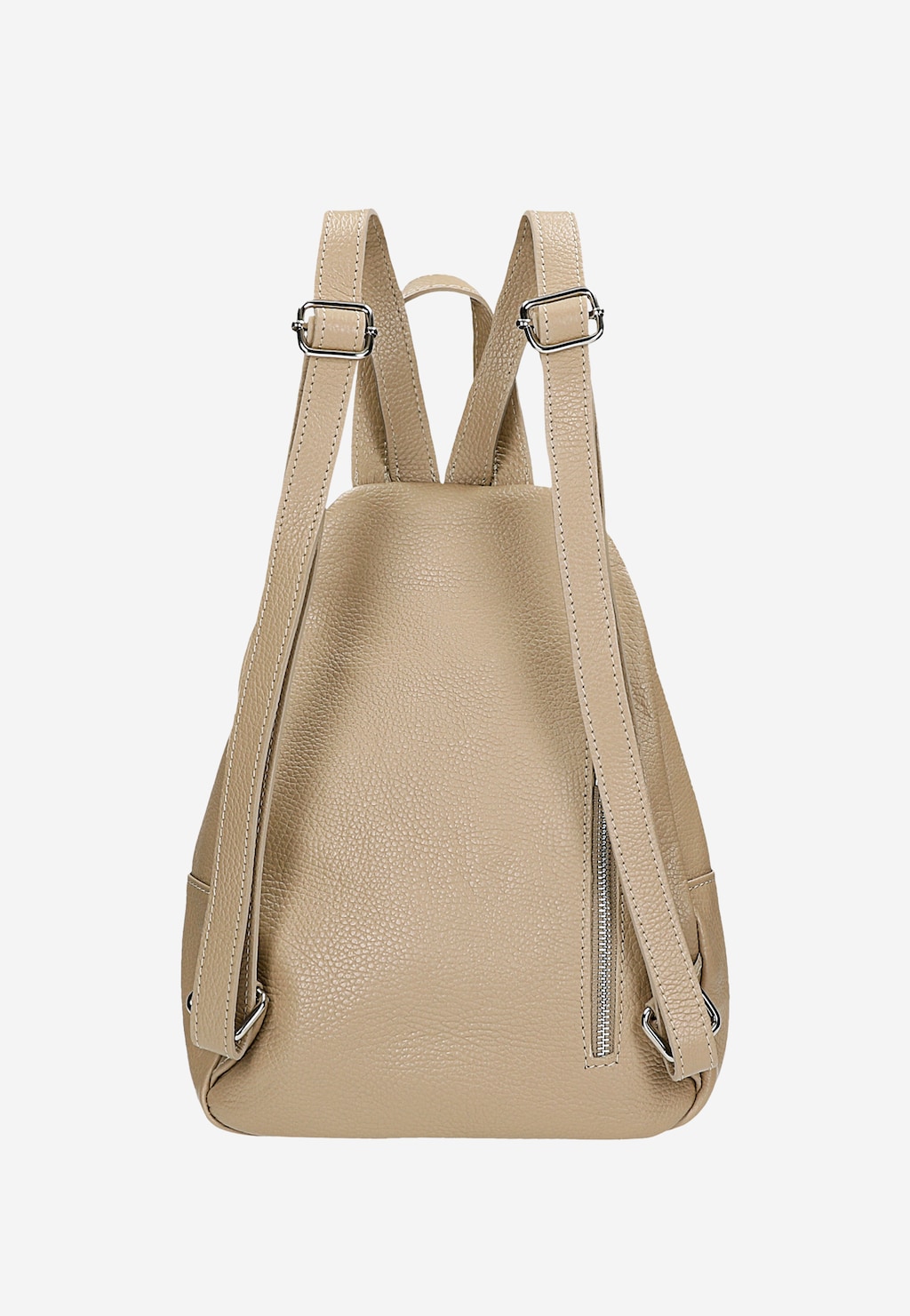 Beżowy skórzany plecak damski Wojas 80084-54 widok z tyłu, z regulowanymi paskami na ramiona i pionowym zamkiem błyskawicznym, ozdobiony srebrną zawieszką.