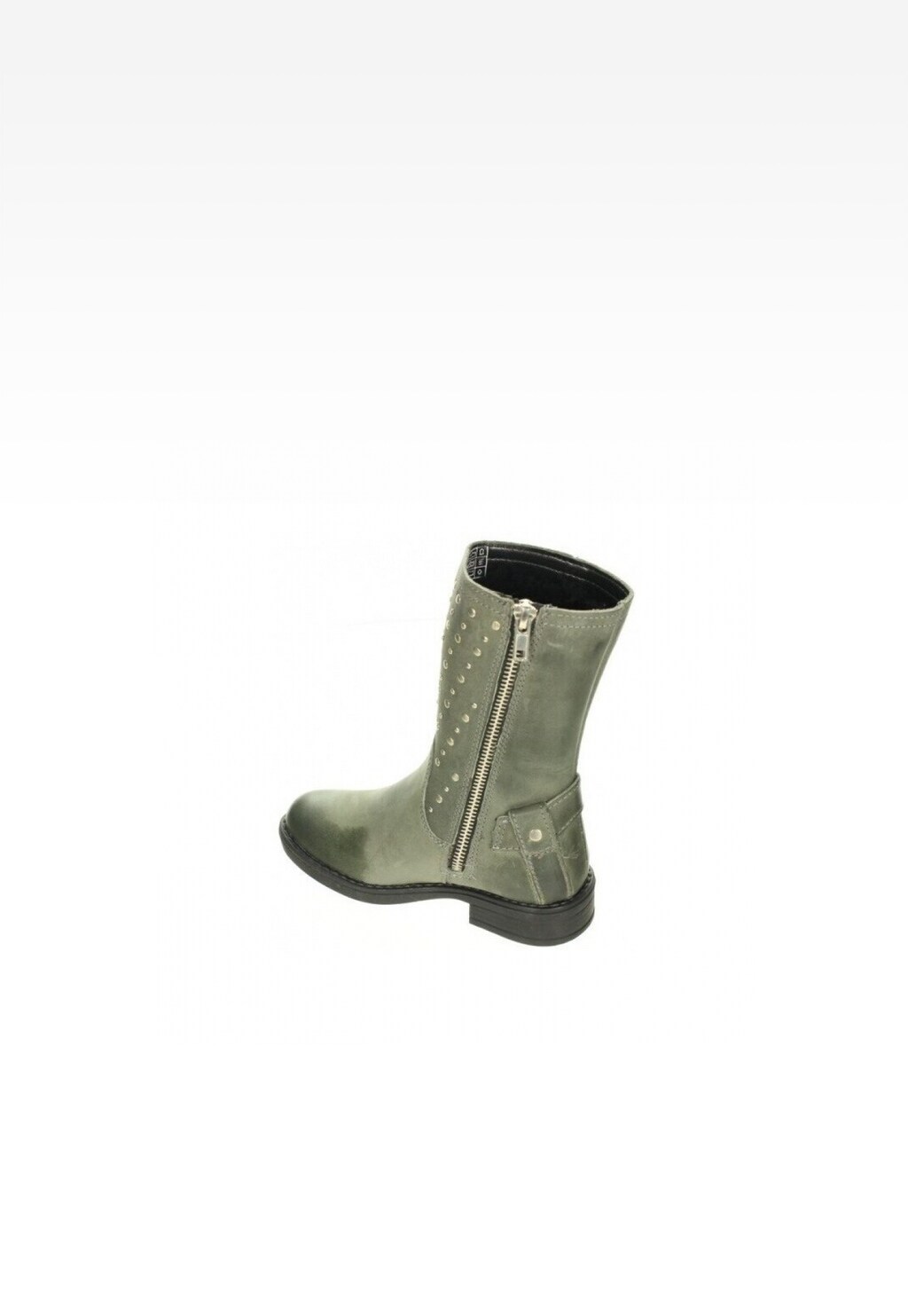 Szare botki ocieplane Bartek T-57162/1A8 II dla dziewcząt, z ozdobnymi ćwiekami i bocznym zamkiem błyskawicznym, widok z boku ukazujący płaską podeszwę.