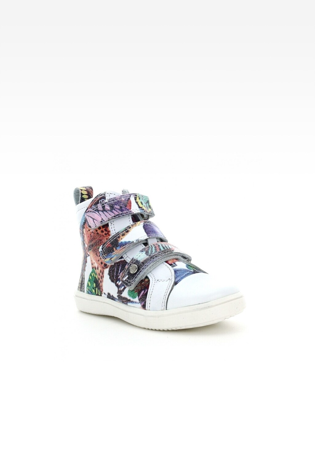 Kolorowe trzewiki dziecięce BARTEK T-87364/1GK dla dziewcząt z motywem tropikalnym, zapinane na rzepy, z białą podeszwą i noskiem, widok z boku.