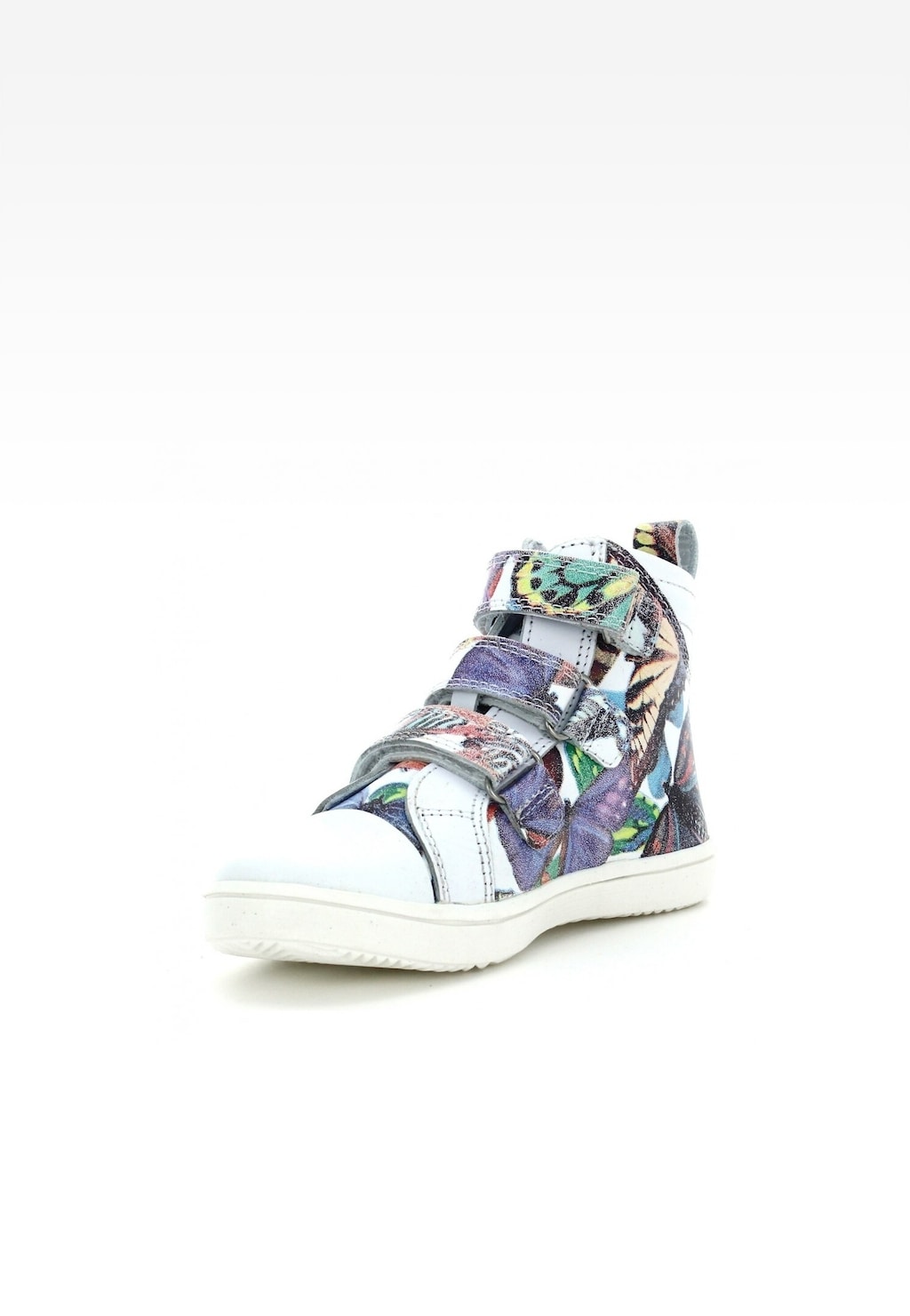Kolorowe trzewiki dziewczęce Bartek T-87364/1GK z multikolorowym wzorem, zapinane na rzepy, z białą podeszwą. Stylowe buty dla dziewczynki z motywem motyli.