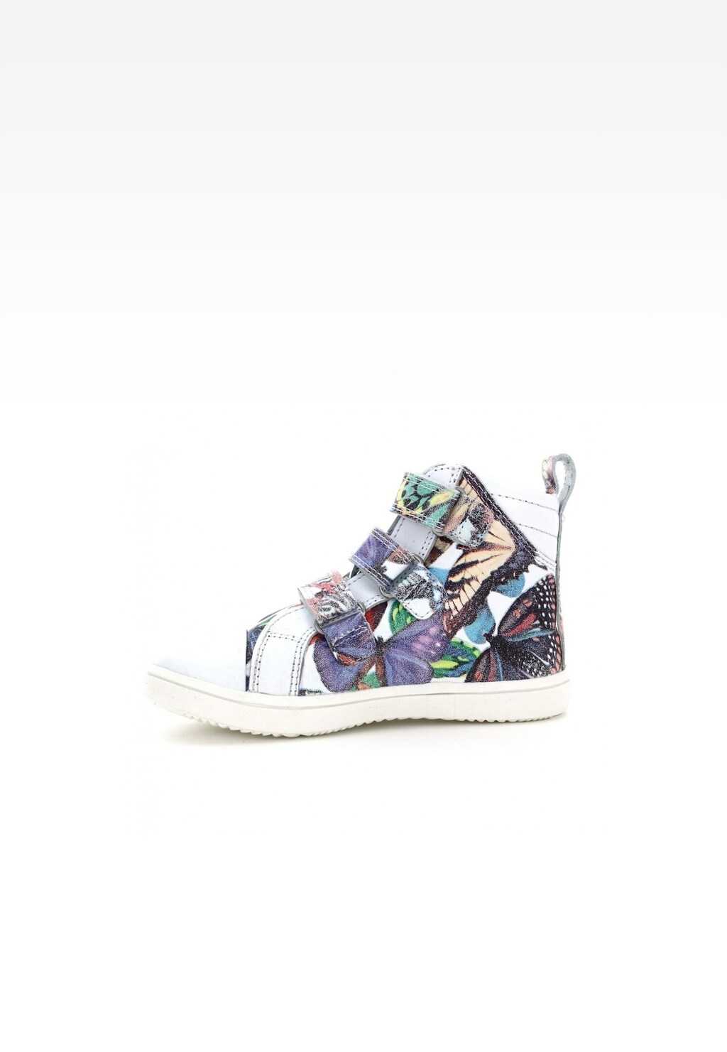 Dziewczęce trzewiki Bartek T-87364/1GK z kolorowym wzorem motyli, zapinane na rzepy. Buty mają wysoki krój i białą podeszwę, idealny model dla małych dziewczynek.