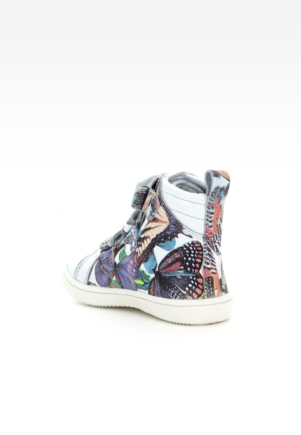 Dziewczęce trzewiki Bartek T-87364/1GK z kolorowym wzorem motyli, białą cholewką i rzepami, widok z boku, model dla dziewczynki w multikolorowej wersji.