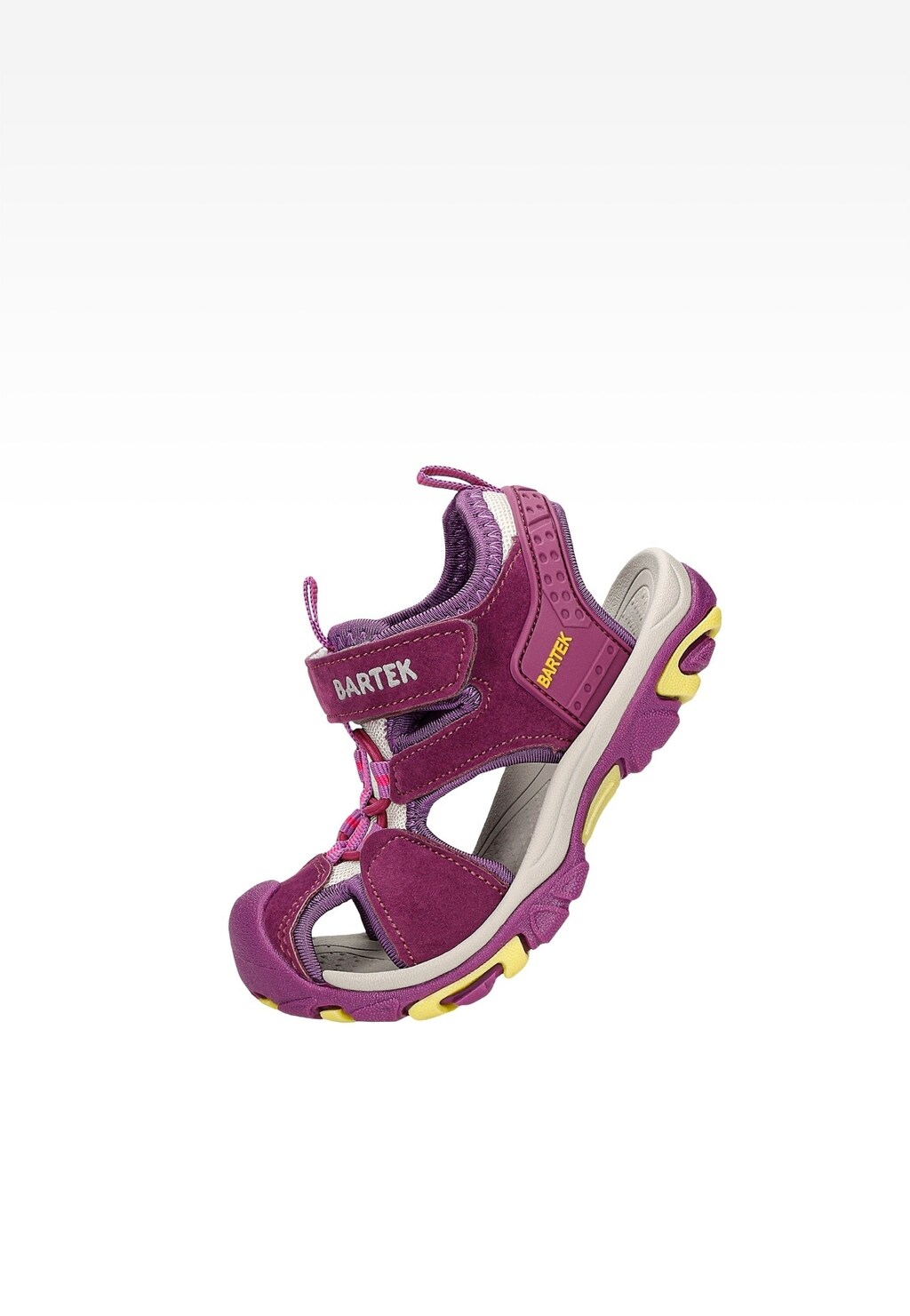 Fioletowe sandały dziewczęce Bartek model 11042504 z zapięciem na rzepy, sportowa podeszwa z żółtymi akcentami, widok z boku.