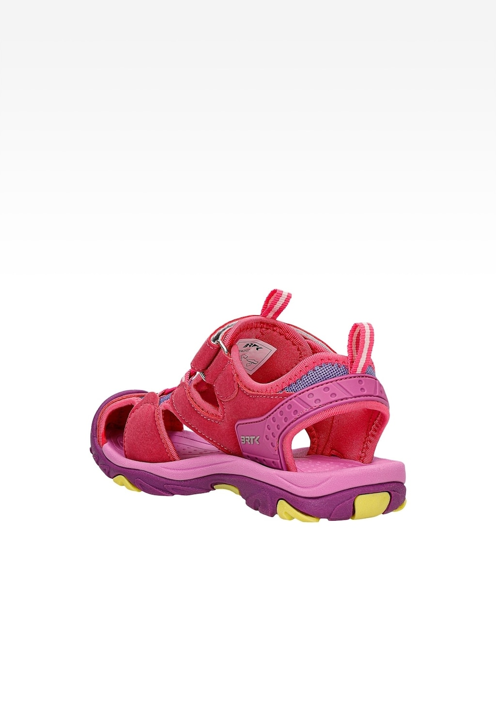 Różowe sandały dziewczęce Bartek 19042502 z rzepami, widok z boku, podeszwa w kolorze fioletowo-różowym z żółtymi elementami, wykonane z materiału tekstylnego.