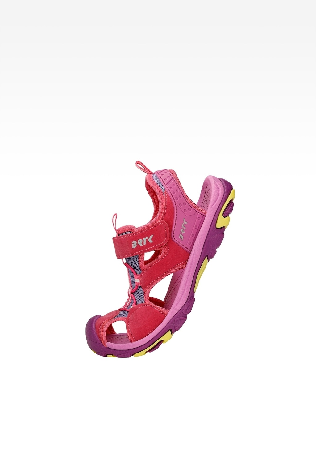 Różowe sandały dziewczęce Bartek 19042502 z zapięciem na rzepy, z fioletową podeszwą i żółtymi akcentami, idealne do aktywnej zabawy na świeżym powietrzu.