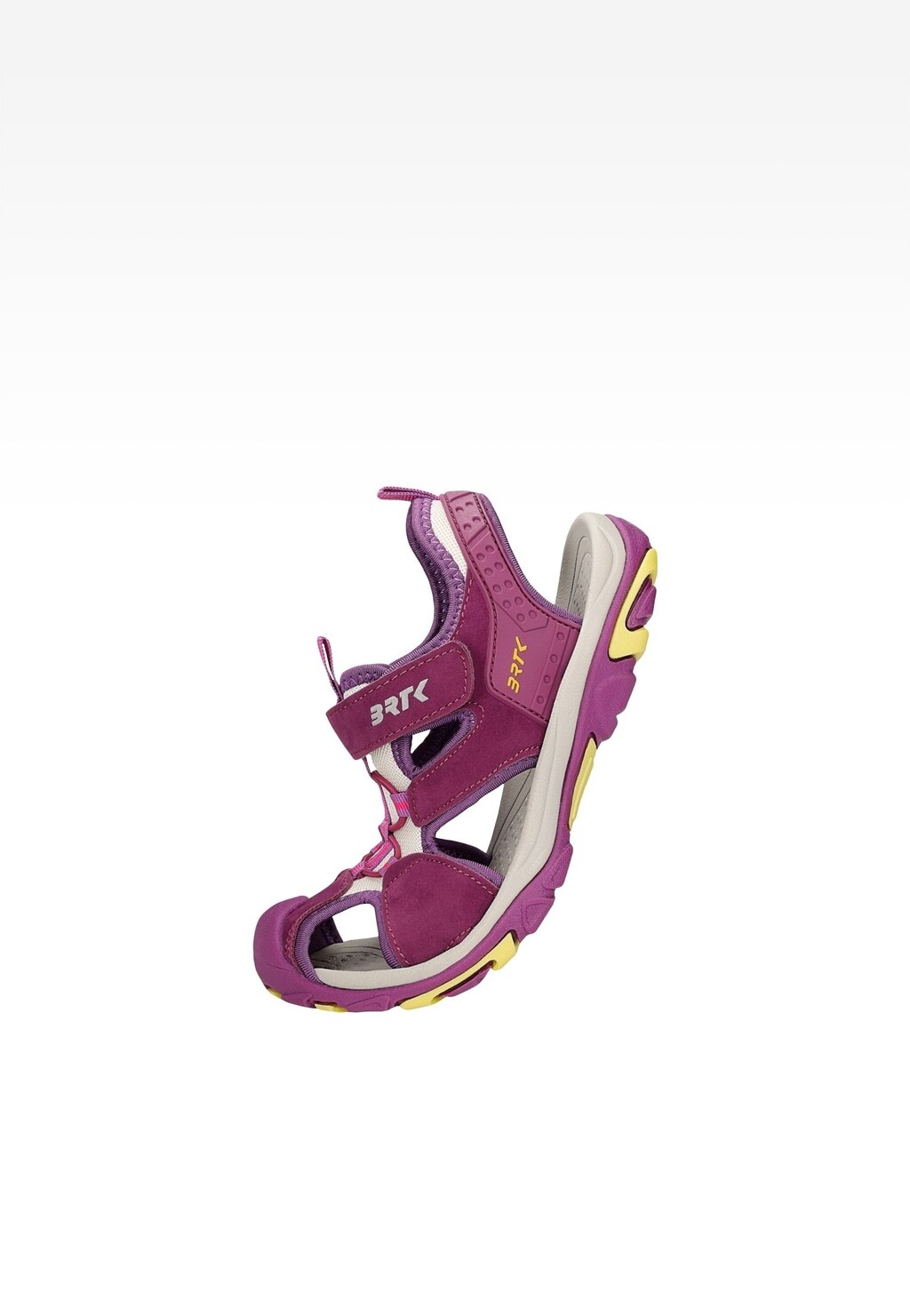 Fioletowe sandały dziewczęce Bartek 19042504 z zapięciem na rzepy, przedstawione z boku. Wygodna podeszwa z żółtymi elementami i logo marki na pasku.