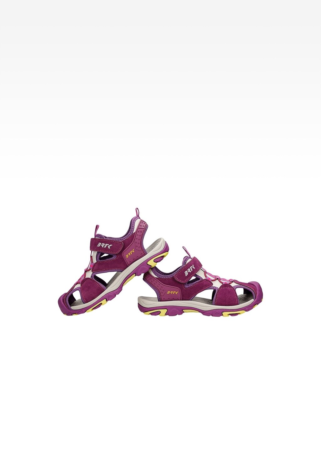 Fioletowe sandały dziewczęce Bartek 19042504 z zapięciem na rzepy, widok z boku. Sportowy model z podeszwą o żółtych akcentach i wygodnym zapięciem.