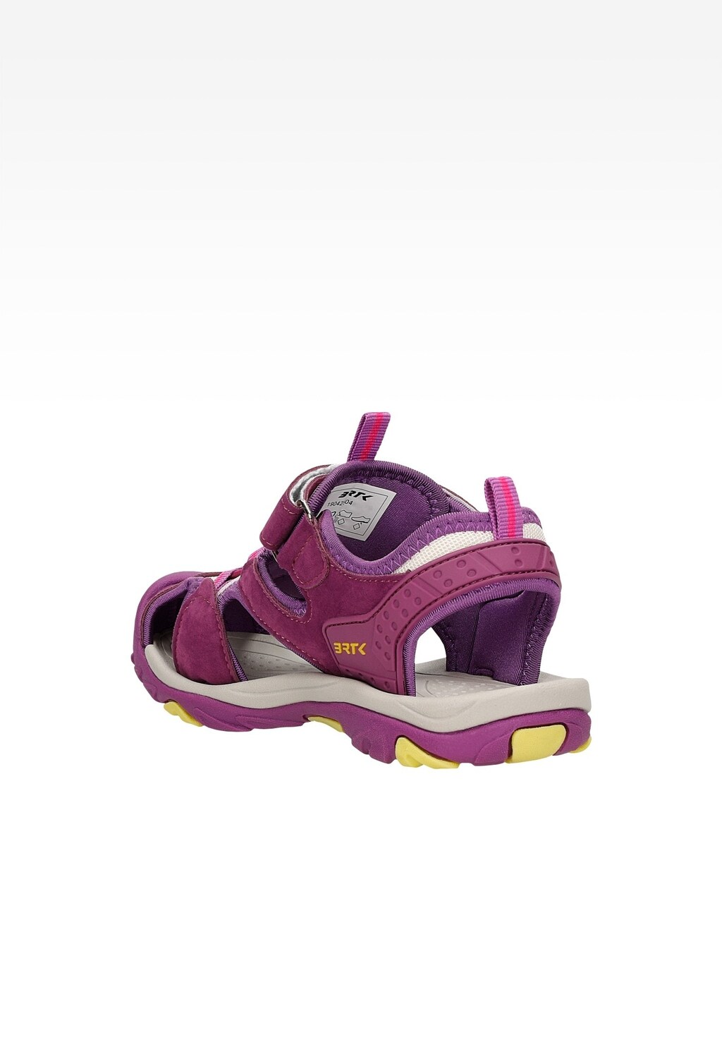 Fioletowe sandały dziewczęce Bartek 19042504 z zapięciem na rzepy, widok z boku, wygodna podeszwa z żółtymi elementami, praktyczne i stylowe obuwie dziecięce.