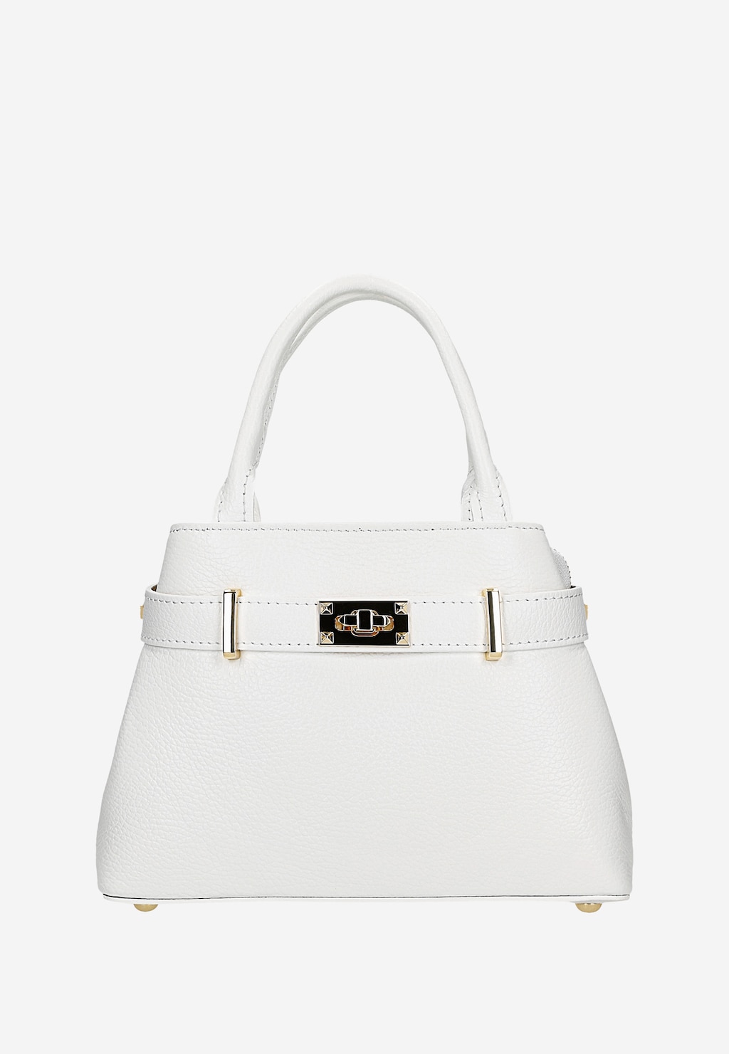 Elegancka biała skórzana torebka Wojas model 80204-59 typu kuferek z ozdobnym paskiem i złotym zapięciem, widoczna z przodu.