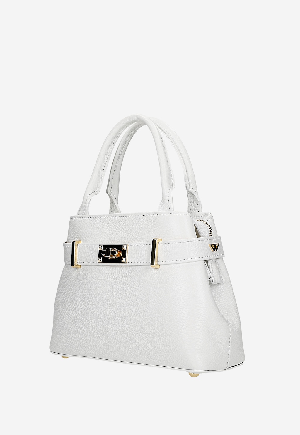 Elegancka biała skórzana torebka Wojas model 80204-59 typu kuferek ze złotymi detalami i ozdobnym zapięciem, widocznym logo W na pasku.