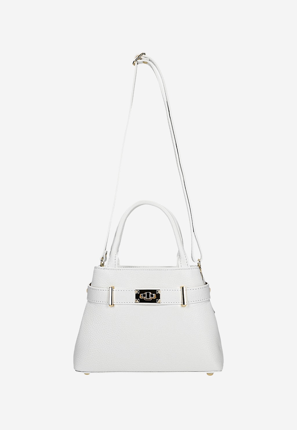Elegancka biała skórzana torebka Wojas model 80204-59 typu kuferek z długim paskiem i złotymi detalami, wyposażona w zapięcie i podwójne uchwyty.