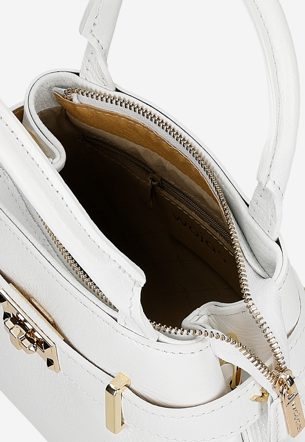 Biała skórzana torebka Wojas model 80204-59 typu kuferek z widocznym wnętrzem, złotymi detalami, zamkiem błyskawicznym i ozdobnymi elementami metalowymi.