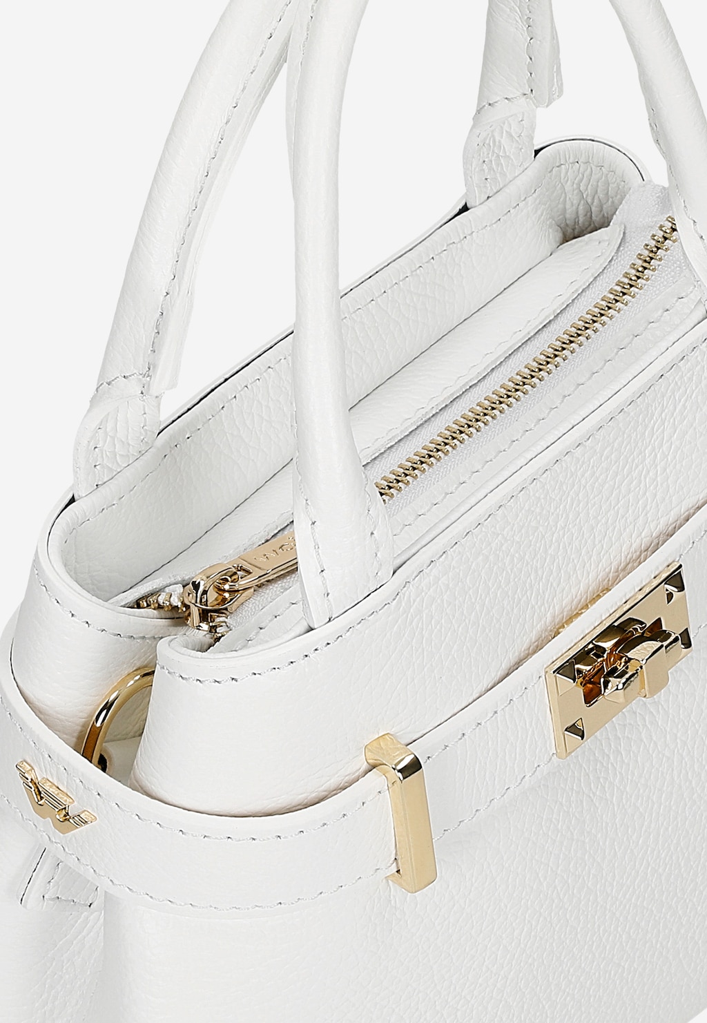 Biała skórzana torebka Wojas model 80204-59 typu kuferek z widocznym złotym zamkiem błyskawicznym i eleganckimi metalowymi dodatkami, ujęcie z góry pokazujące detale wykończenia.