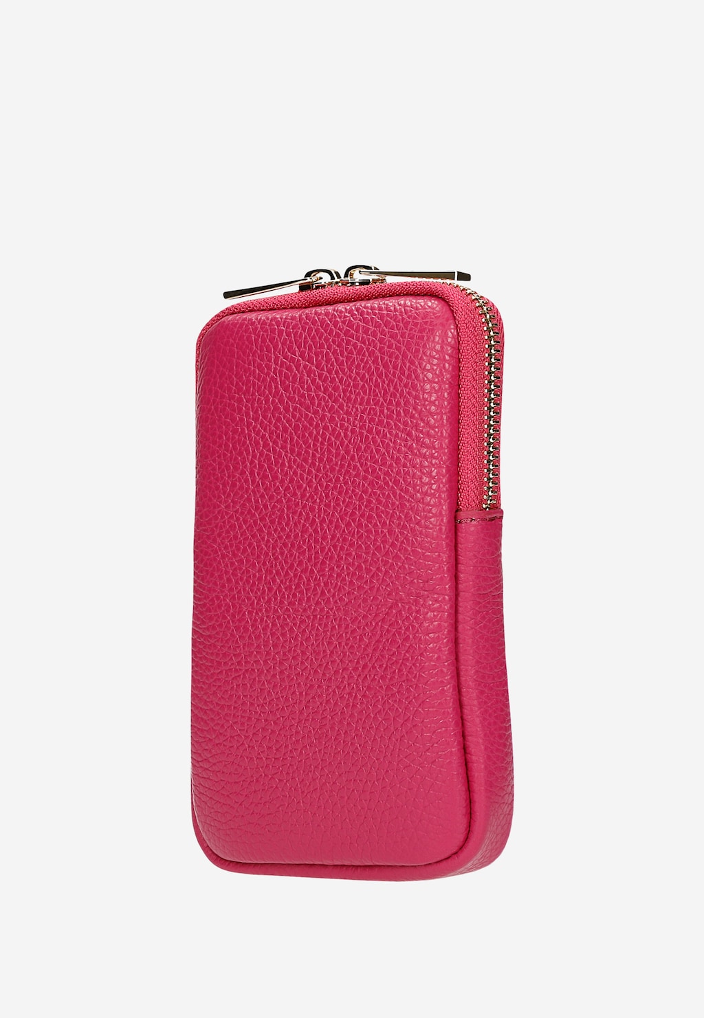 Różowa skórzana torebka Wojas model 80103-55 na telefon z fakturą ziarnistą i metalowym zamkiem błyskawicznym, zaprojektowana do przenoszenia smartfona.