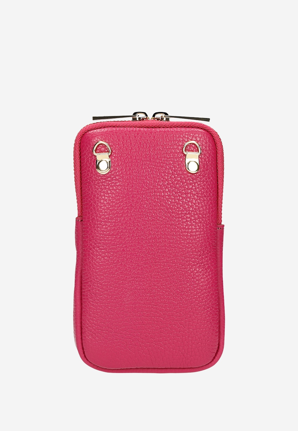 Różowa skórzana torebka na telefon Wojas model 80103-55 z fakturą imitującą skórę, złotymi okuciami i zamkiem błyskawicznym na górze, idealna do noszenia smartfona.