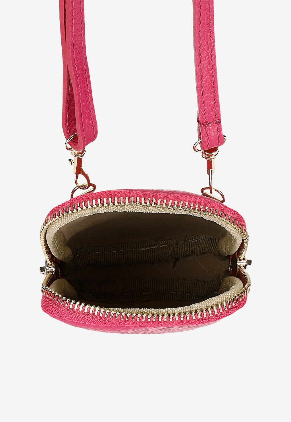 Różowa skórzana torebka na telefon Wojas model 80103-55 z otwartym zamkiem błyskawicznym, ukazująca beżowe wnętrze i metalowe zapięcia na pasku.