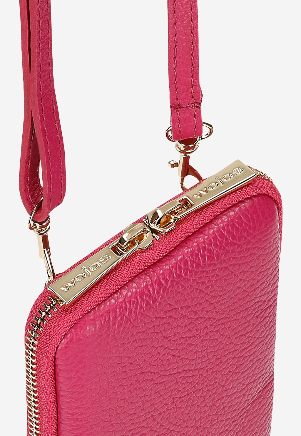 Różowa skórzana torebka na telefon Wojas model 80103-55 z widocznym złotym zamkiem błyskawicznym, logo marki na suwaku i skórzanym paskiem na ramię.