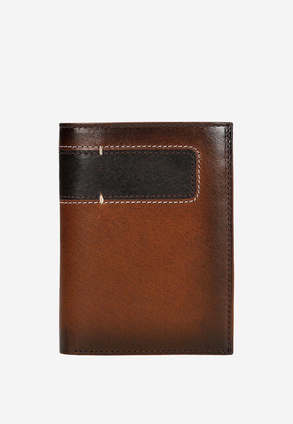 Brązowy portfel męski Wojas model 91082-92 z elegancką czarną wstawką i starannym przeszyciem, wykonany ze skóry naturalnej.