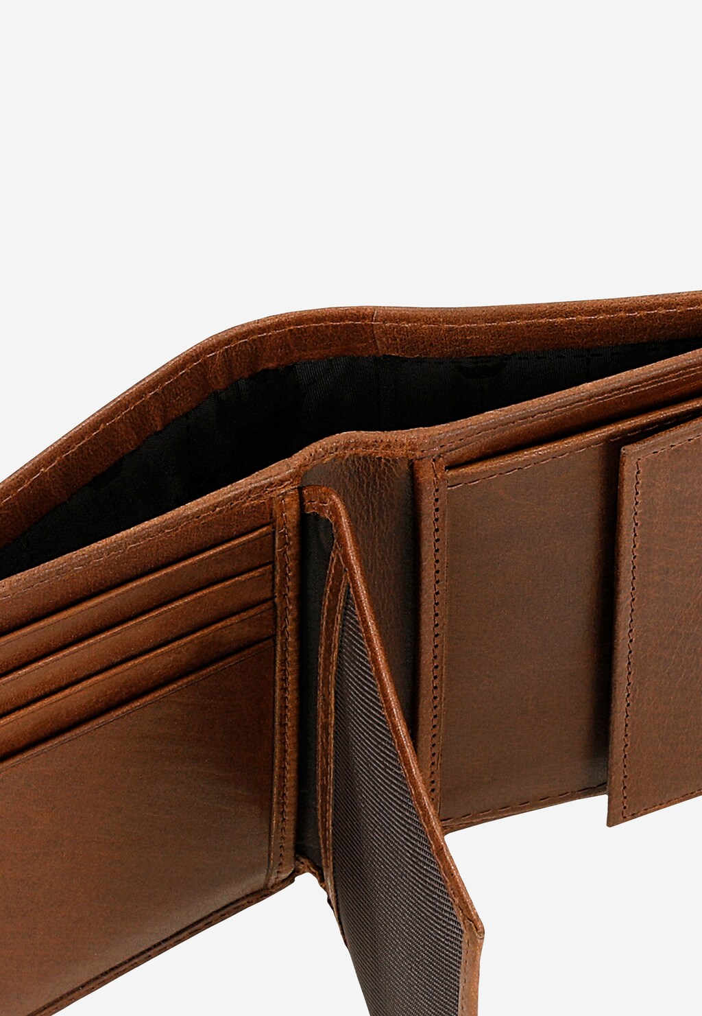 Brązowy portfel męski Wojas model 91082-92 z ciemną wstawką, otwarty, ukazujący przegrody na karty, dokumenty i banknoty z eleganckim wykończeniem.