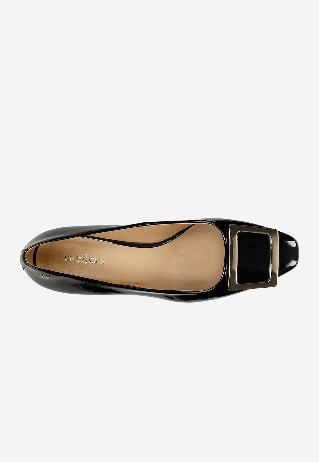 Czarne lakierowane czółenka damskie Wojas 35141-31 z widokiem z góry, wyróżniające się elegancką złotą kwadratową ozdobą na przodzie i beżową wyściółką wewnętrzną.