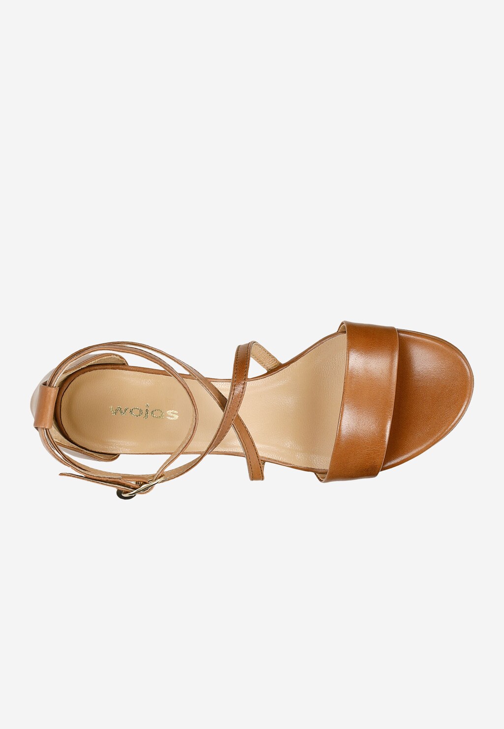 Eleganckie skórzane sandały damskie Wojas 76058-53 w jasnobrązowym kolorze z szerokim paskiem na przodzie, cienkimi paseczkami krzyżowymi i klamrą, na stabilnym klocku.