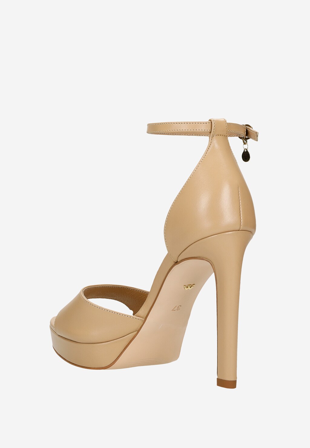 Eleganckie beżowe sandały Wojas model 76152-50 na wysokiej szpilce z platformą i paskiem wokół kostki z małą zawieszką, widok z boku ukazujący smukły kształt obuwia.