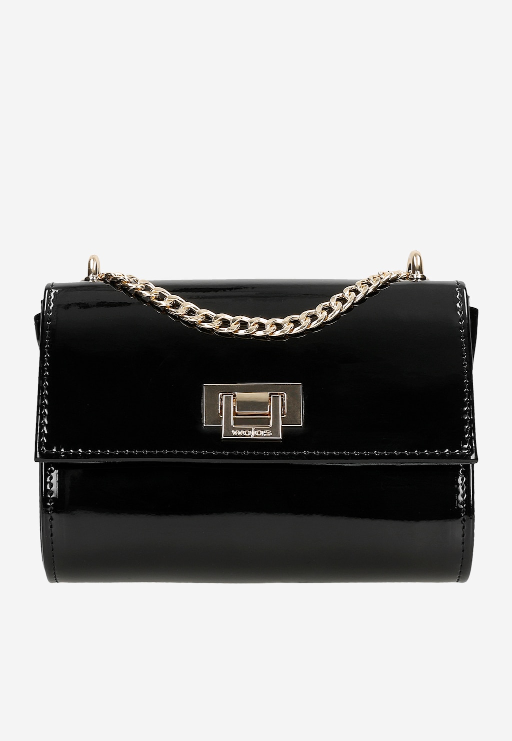 Elegancka czarna lakierowana torebka Wojas model 80374-31 ze złotym łańcuszkiem i charakterystycznym zapięciem z logo marki, idealna na wieczorne wyjścia.