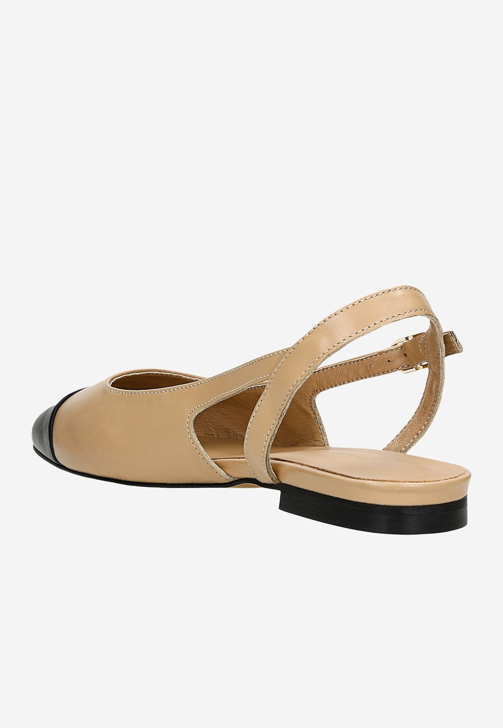 Dwukolorowe baleriny Wojas model 44032-54 z beżowej skóry z czarnym noskiem, odkrytą piętą i regulowanym paskiem na kostce, widok z tyłu.