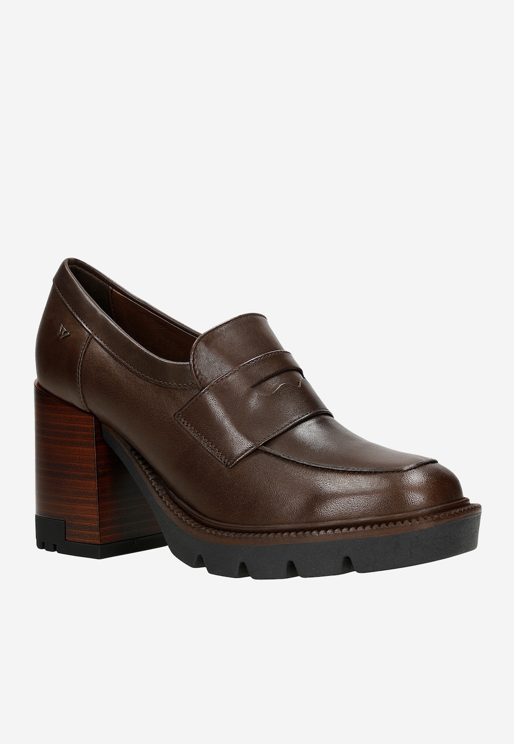 Brązowe mokasyny damskie Wojas 46239-52 ze skóry licowej na drewnianym słupku, z grubą podeszwą i charakterystycznym paskiem na przodzie buta.