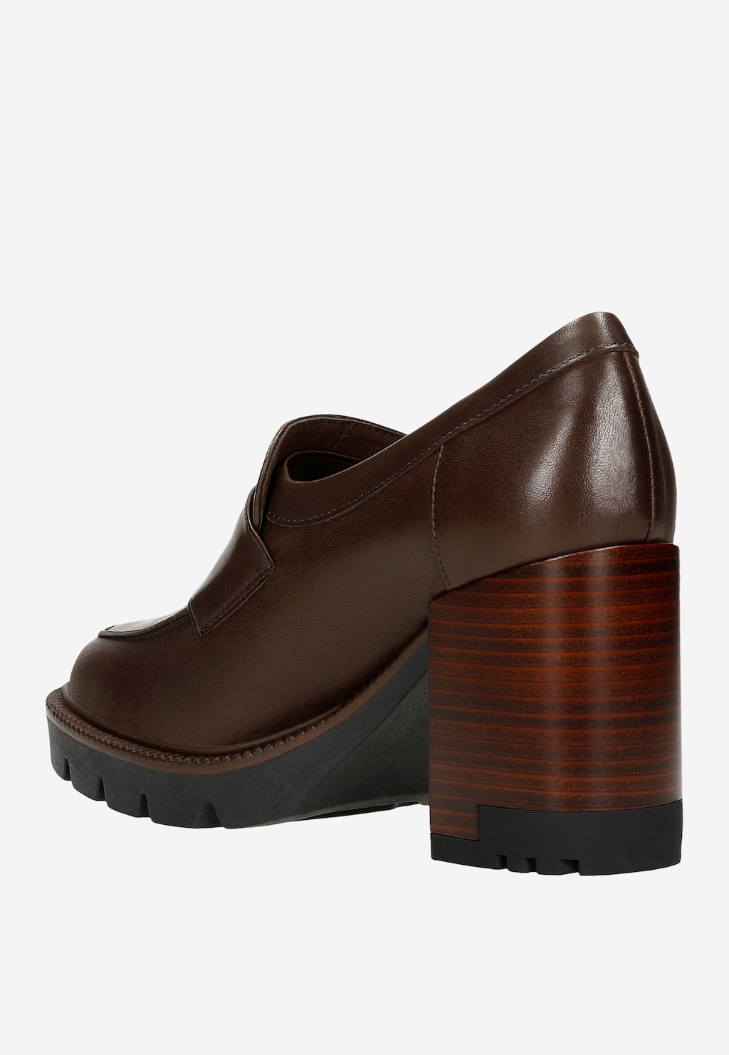 Brązowe mokasyny damskie Wojas 46239-52 z licowej skóry, widok z boku ukazujący charakterystyczny drewniany słupek i ciemną podeszwę z protektorem.