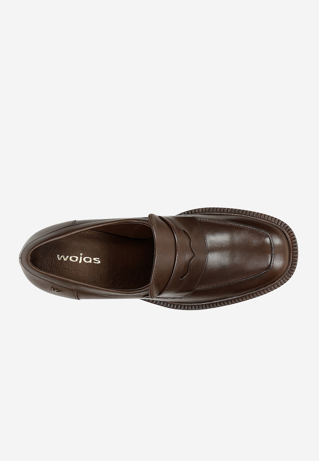 Brązowe mokasyny damskie Wojas model 46239-52 ze skóry licowej na słupku, z klasycznym paskiem, widok z góry ukazujący charakterystyczny kształt i logo marki na wkładce.