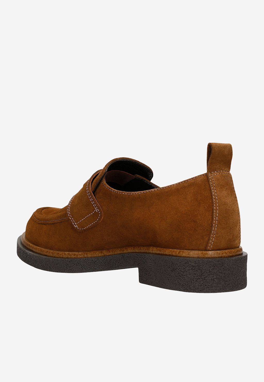 Jasnobrązowe mokasyny damskie Wojas 46279-63 z dwoiny welurowej, widok z boku. Buty z zapięciem na rzep, ozdobne przeszycia i gruba podeszwa.