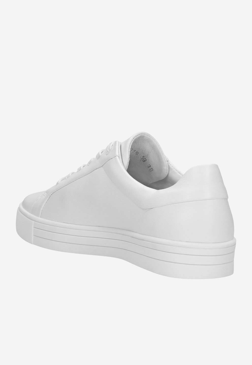 Białe trampki damskie Wojas 46019-59 wykonane ze skóry licowej, widok z boku ukazujący elegancki profil, podwyższoną podeszwę i minimalistyczny design.