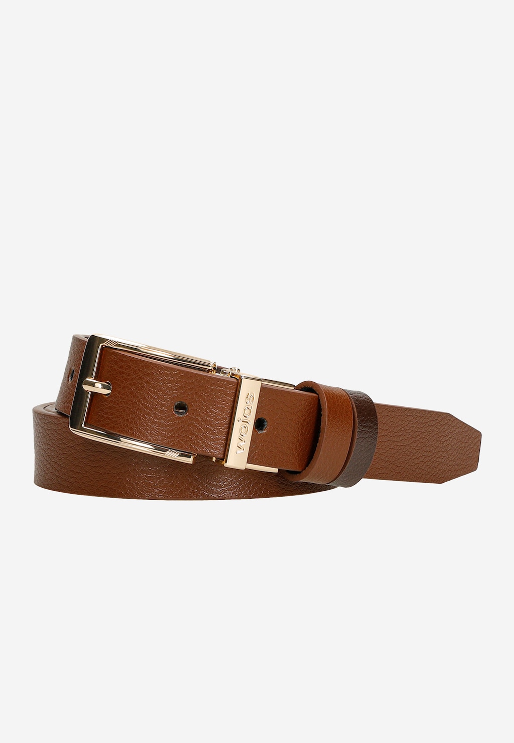 Dwustronny brązowy pasek damski Wojas 93102-52 ze skóry licowej, z elegancką złotą klamrą i ozdobnym elementem z logo marki na skórzanym pasku.