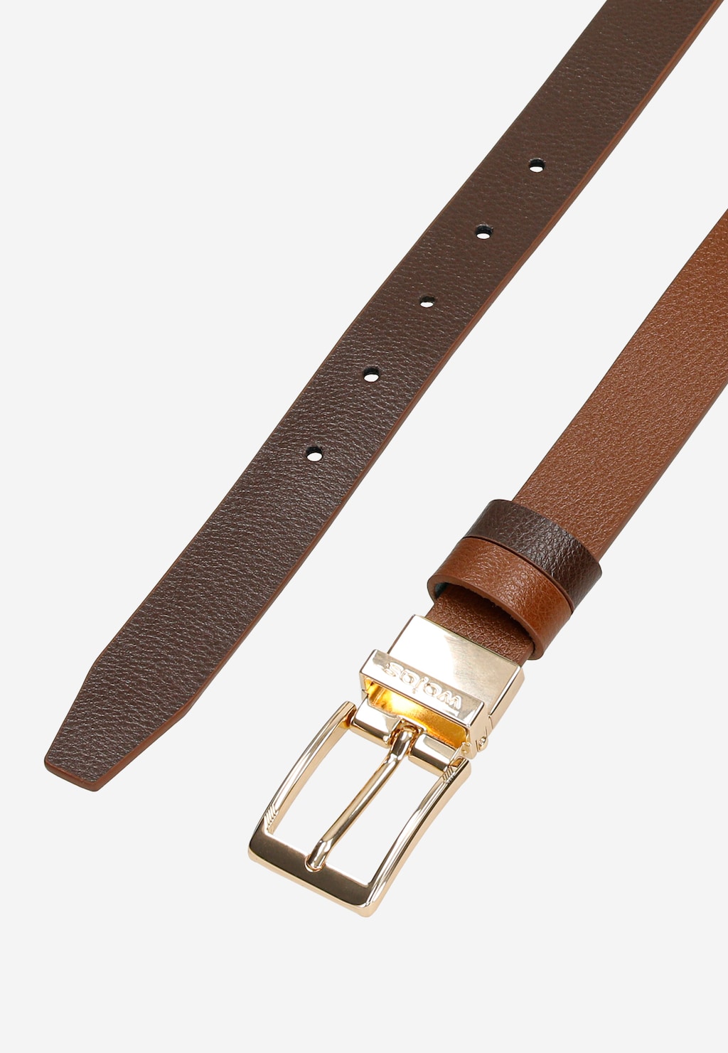 Dwustronny brązowy pasek damski Wojas 93102-52 ze skóry licowej, z jednej strony ciemnobrązowy z dziurkami, z drugiej jasnobrązowy, ze złotą elegancką klamrą.