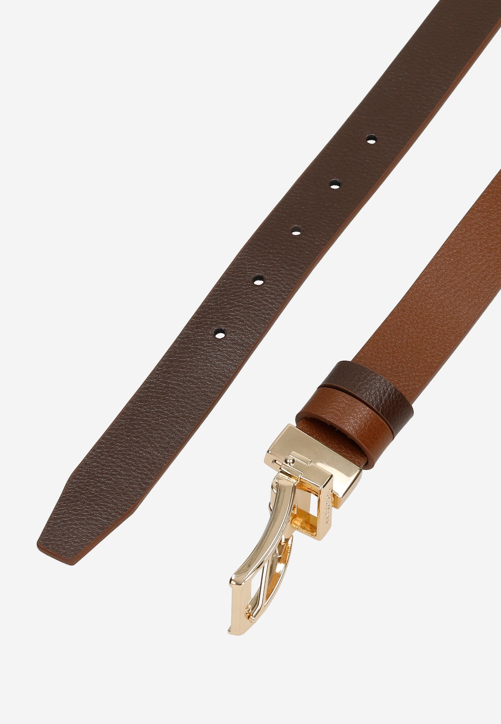 Dwustronny brązowy pasek damski Wojas 93102-52 wykonany ze skóry licowej, wyposażony w elegancką złotą klamrę. Widoczne dziurki regulacyjne i dwa odcienie brązu.